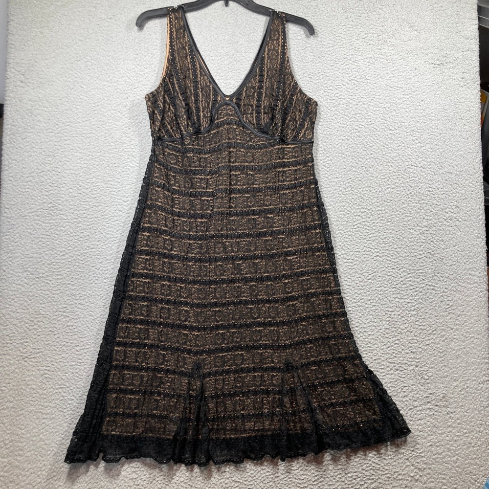 New York & Company Lace Midi Dress Women Large Black Tan Flared Gothic Romance